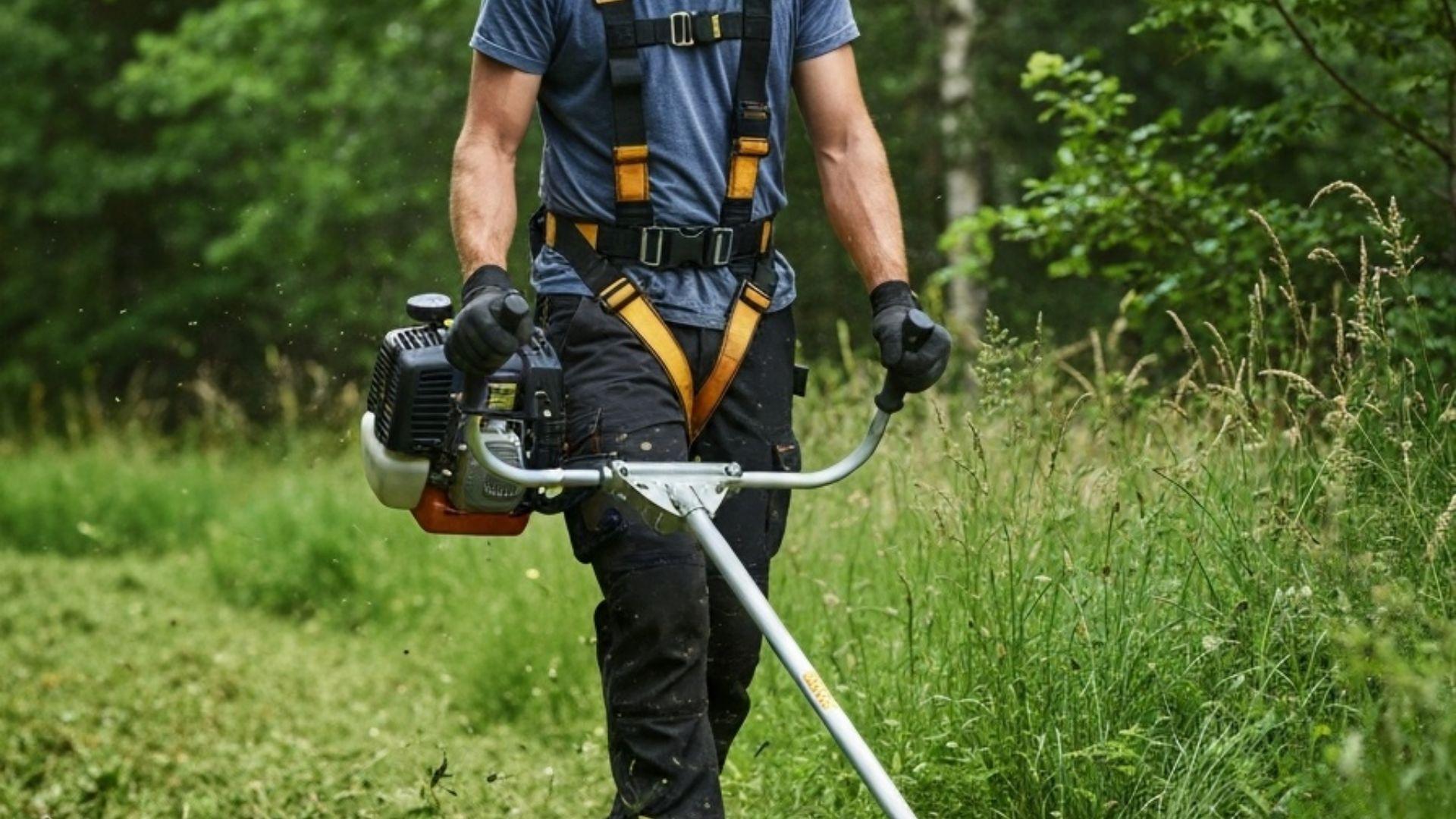Hagearbeider bruker ryddesag for å rydde tett gress og kratt langs skogkant