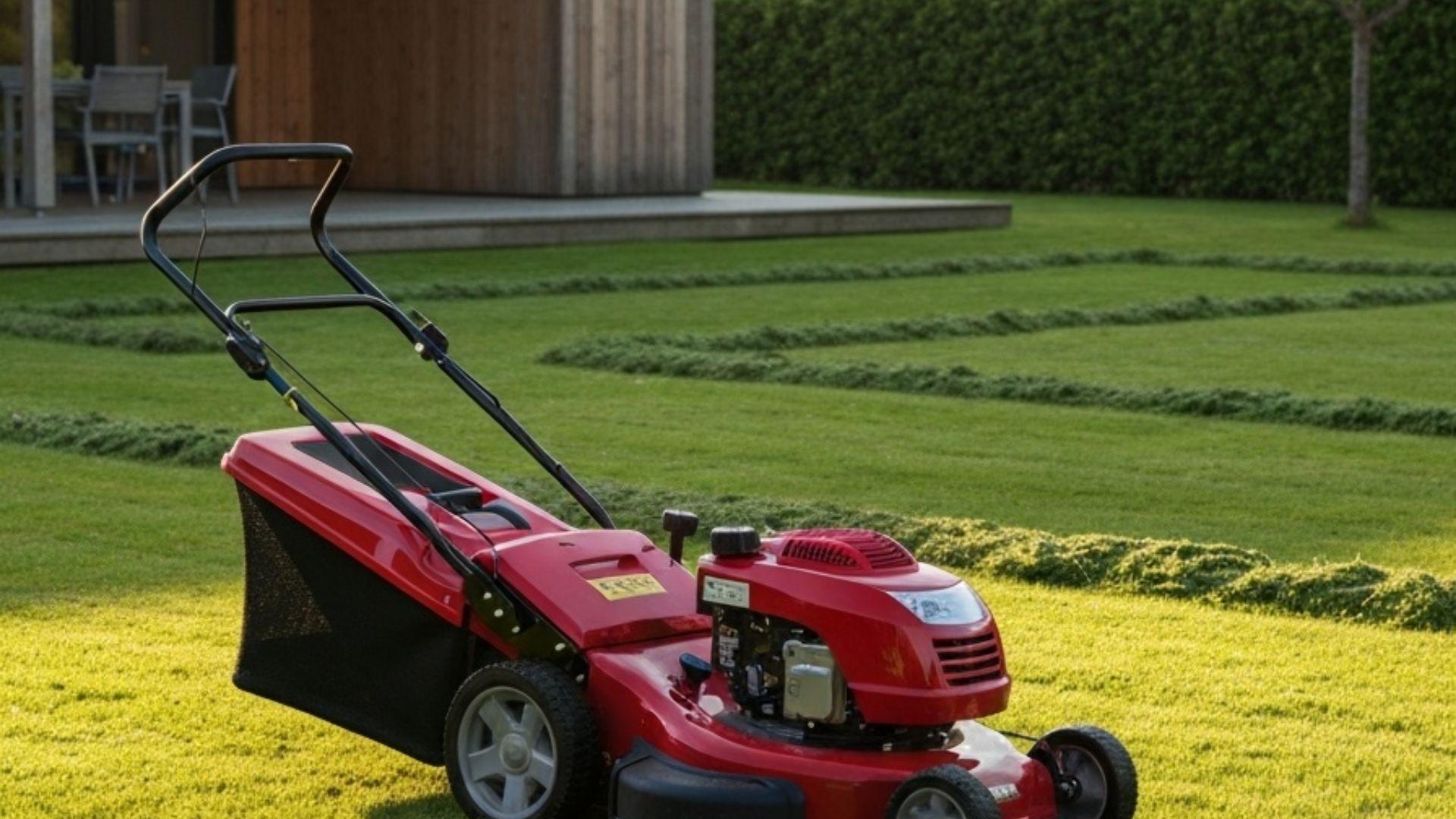 Roed Honda gressklipper paa nyklippet plen i norsk hage