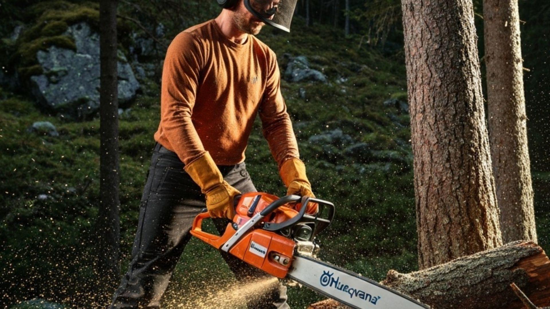 Person bruker Husqvarna motorsag for vedhogging i norsk skog