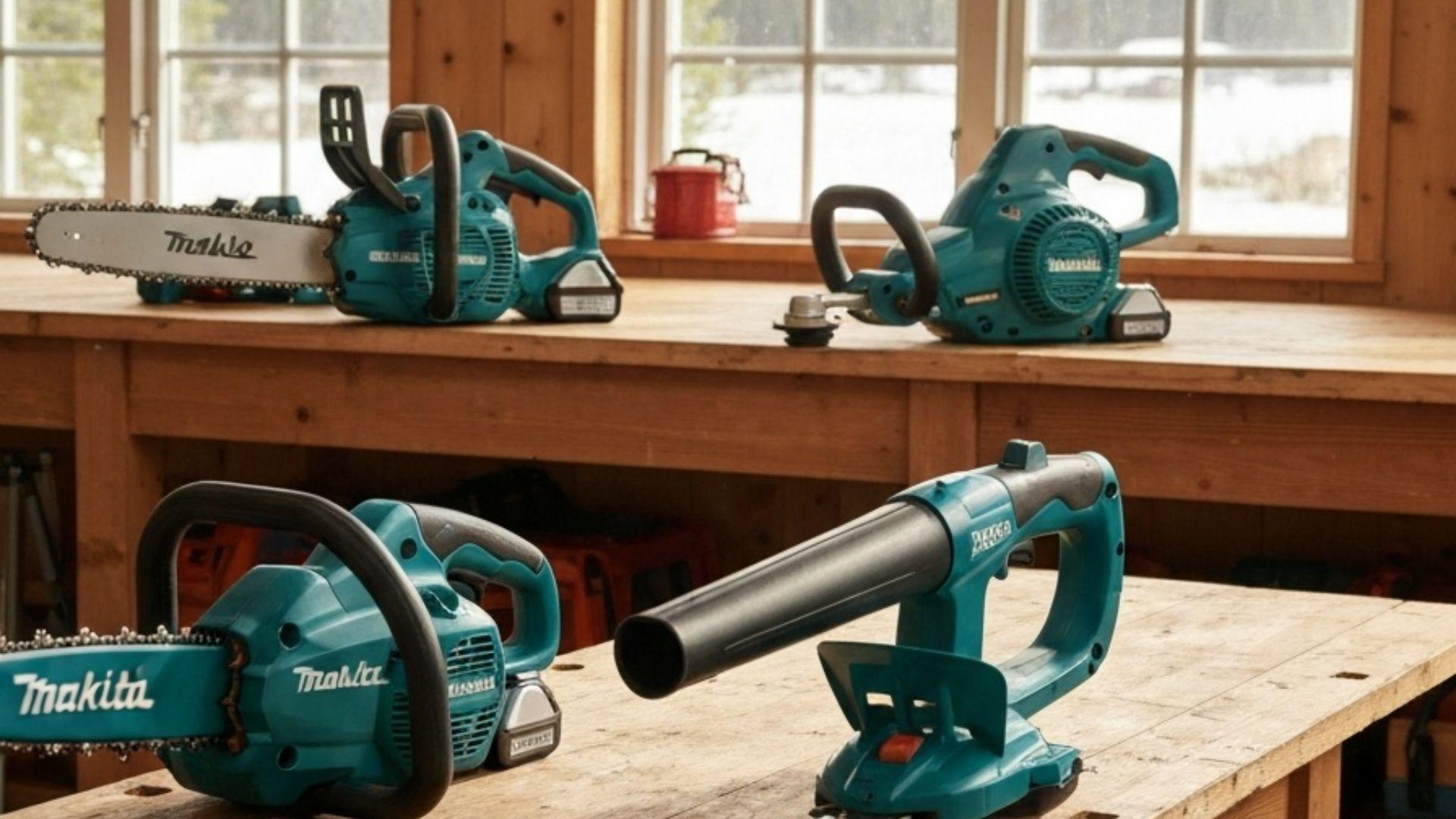 Makita batteridrevne hagemaskiner samlet paa arbeidsbord
