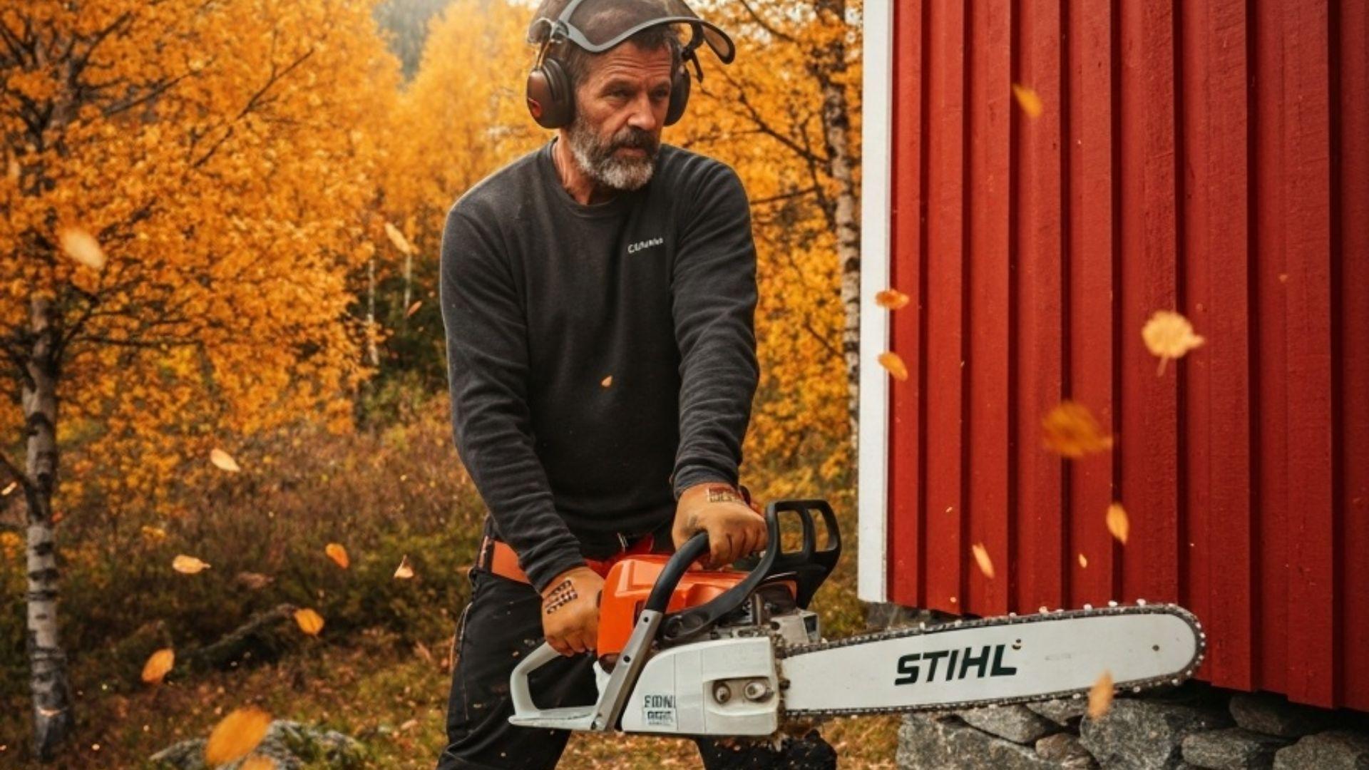 Person bruker Stihl motorsag for vedhogging ved norsk hytte