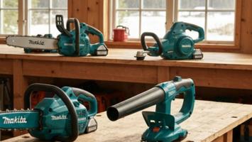 Makita batteridrevne hagemaskiner samlet paa arbeidsbord