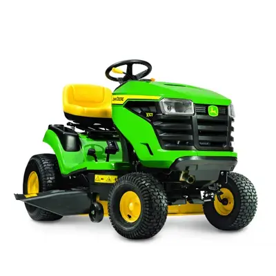 John Deere X107 plentraktor gul med oppsamler